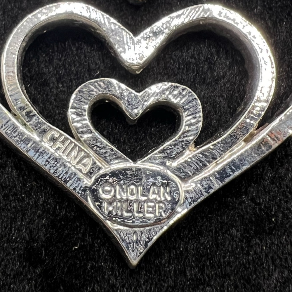 Nolan Miller Triple Heart Rhinestone Pendant Silver Tone 1.75” Statement - Picture 4 of 4
